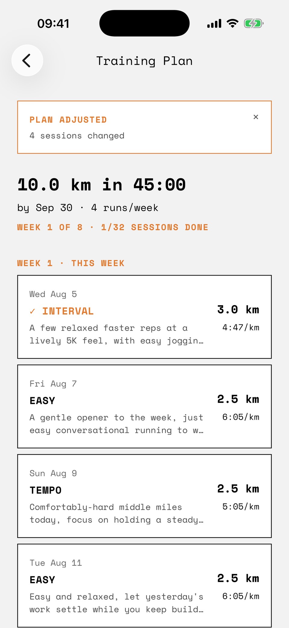 The training plan after a re-fit: a banner reads plan adjusted, 4 sessions changed, above the completed interval marked with a check and the reshuffled week.