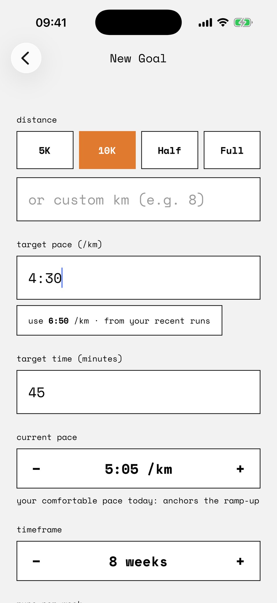 The Dagg new goal screen: 10K selected, target pace 4:30 typed in and target time 45 filled in automatically, with a suggestion reading use 6:50 per km, from your recent runs.