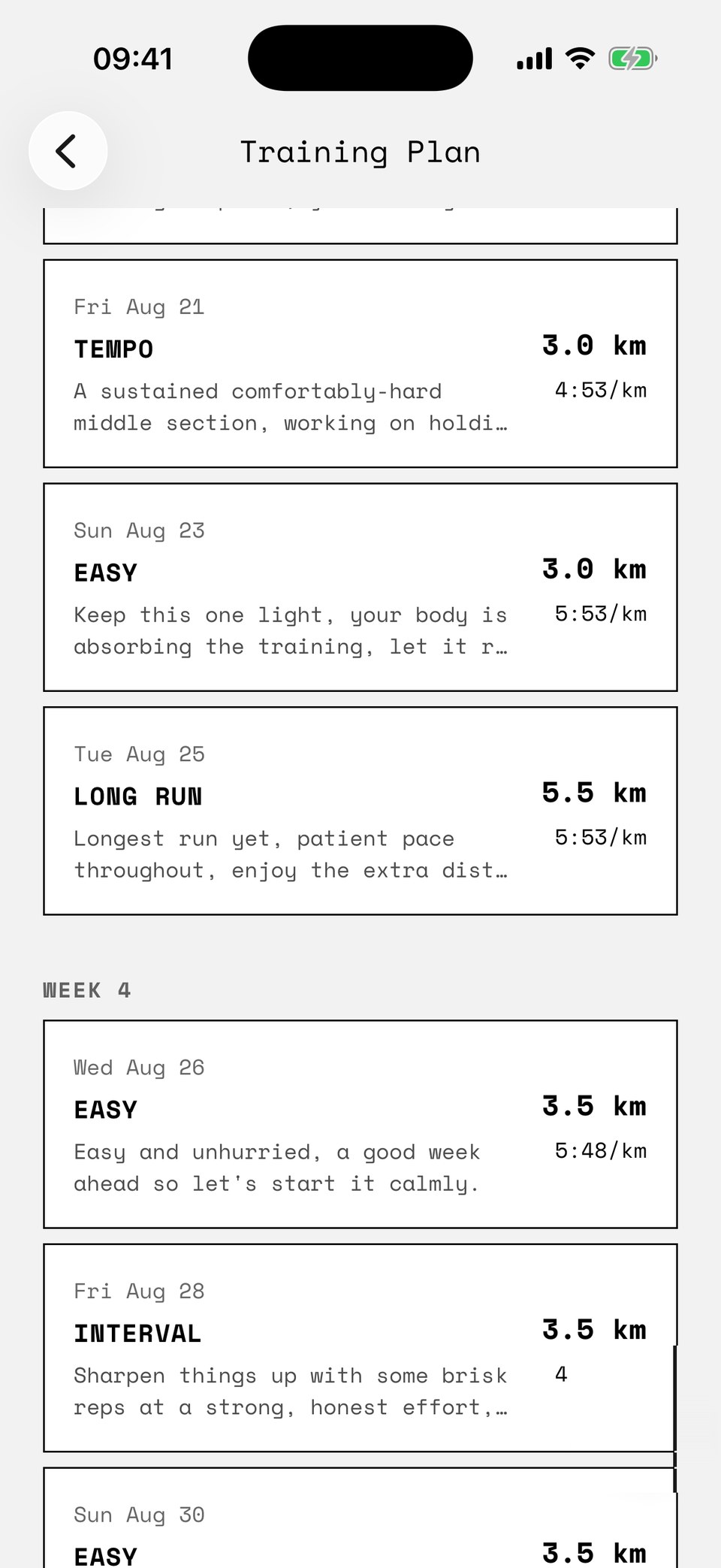 Later weeks of the plan: the long run growing to 5.5 km and easy paces quickening from 5:53 to 5:48 per km as the block progresses.