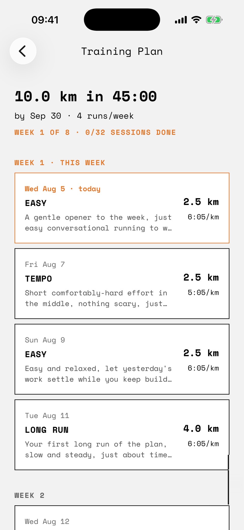 The training plan screen: 10.0 km in 45:00 by Sep 30, 4 runs a week, week 1 of 8, with the first week's sessions listed as cards.