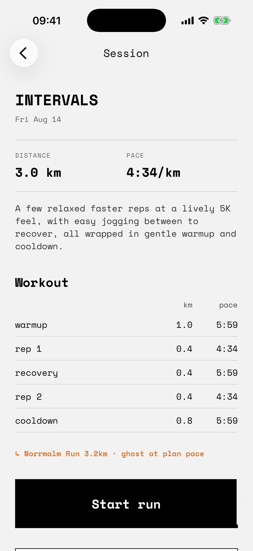 A session detail screen: an intervals session compiled into a workout table of warmup, two reps with a recovery between, and cooldown, each with its distance and pace.