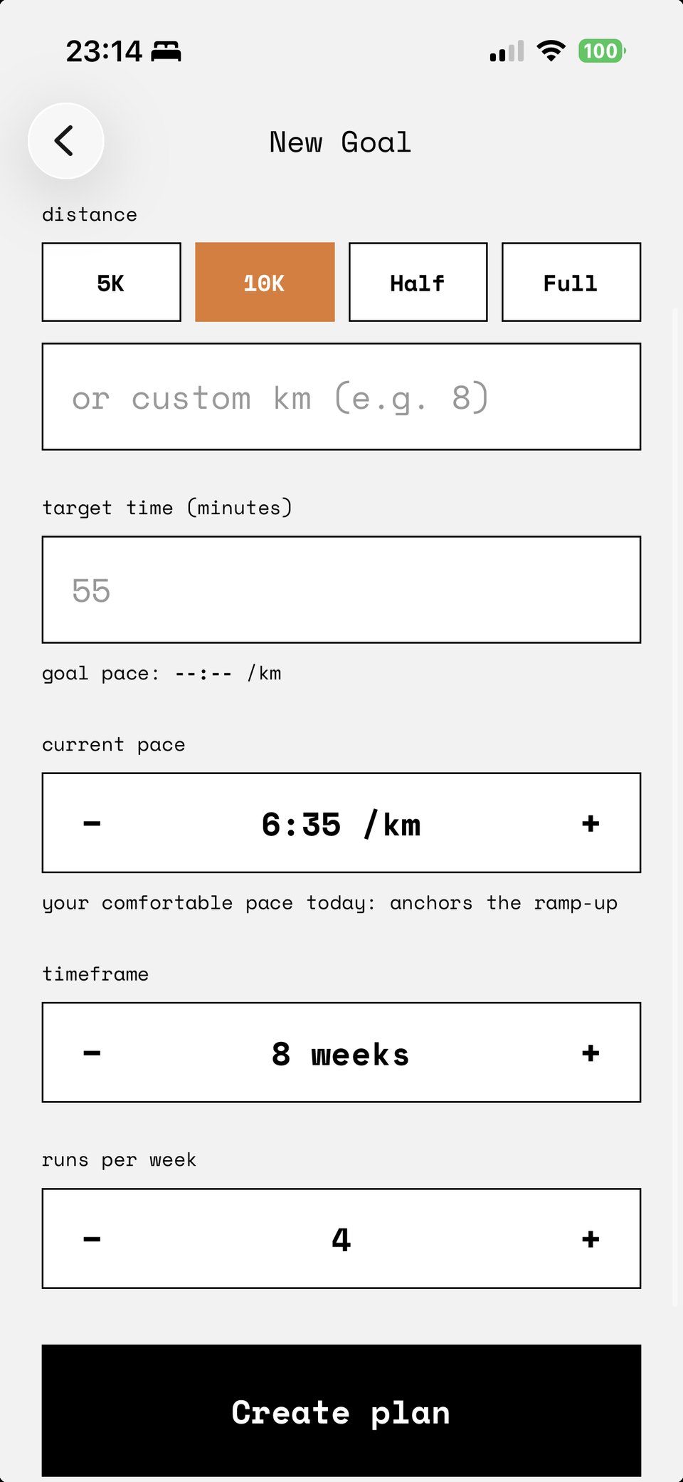 The Dagg goal screen: choose a distance, target time, current pace, timeframe, and runs per week.