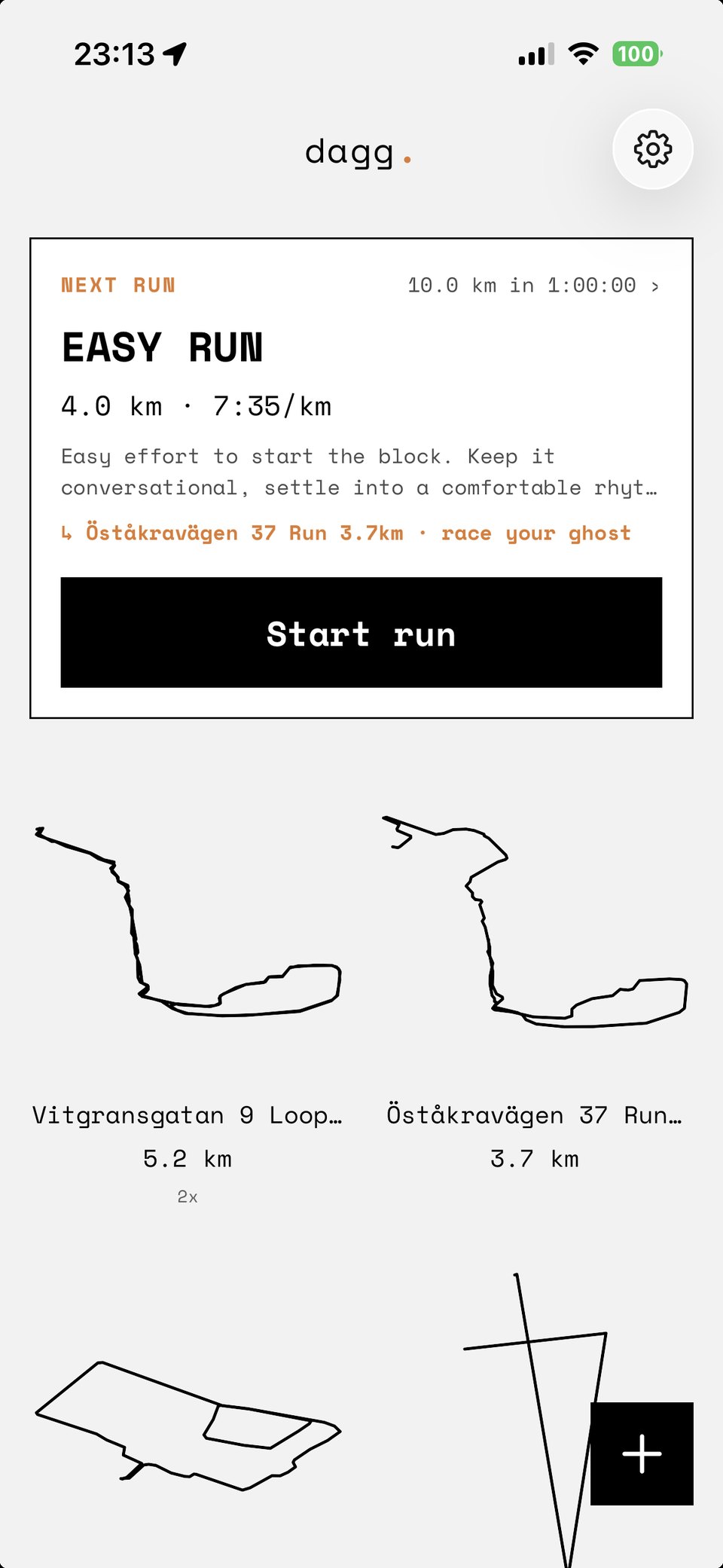 The Dagg home screen with a suggested next run card and a grid of saved routes, each drawn as a shape.