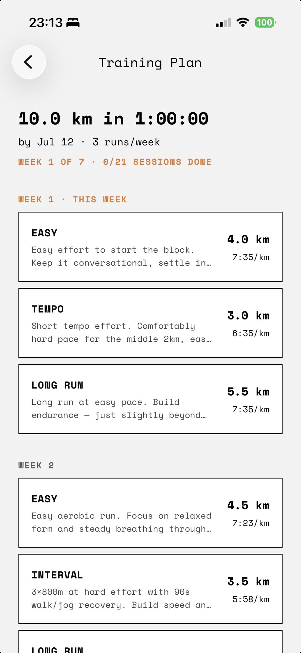 The Dagg training plan: a week-by-week list of runs building toward a 10K goal.