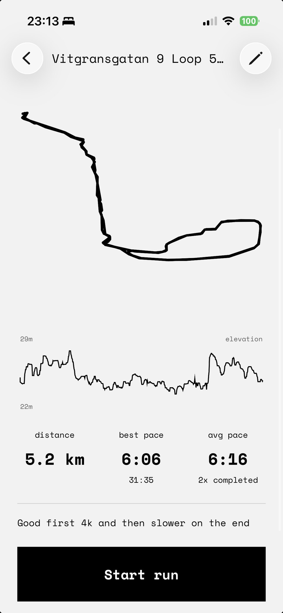 A Dagg route drawn as an abstract line above its elevation profile, with distance, best pace, and average pace below.