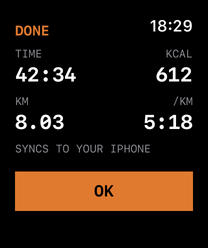 The Dagg watch summary after a run: DONE in orange, then time, calories, distance and pace, above the line SYNCS TO YOUR IPHONE.